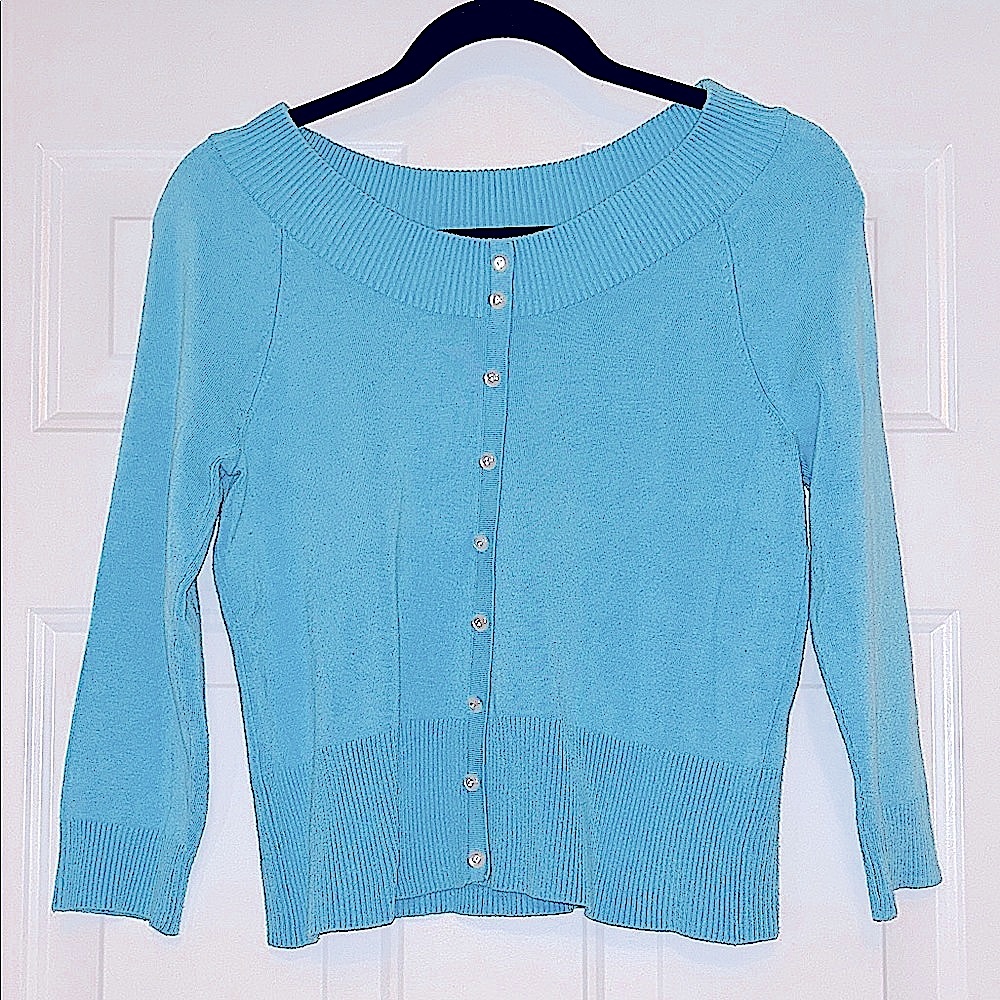 U-Knit Cardigan Sweater M Blue Classic Rhinestone Buttons Cropped Glam Stretch